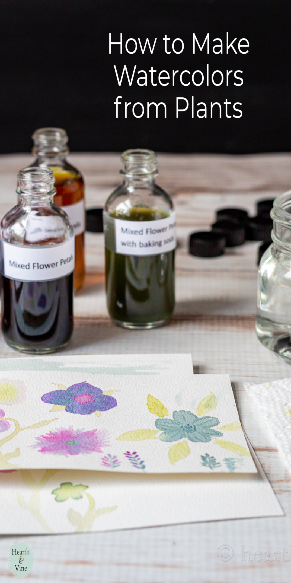 Bottles of watercolors made from plants next to a couple of watercolor card drawings.