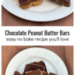 Stacked chocolate peanut butter bars over the same with an aerial view.