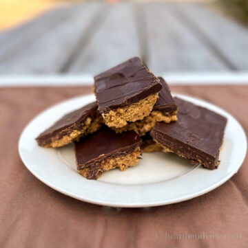 Stacked chocolate peanut butter bars on a plate.