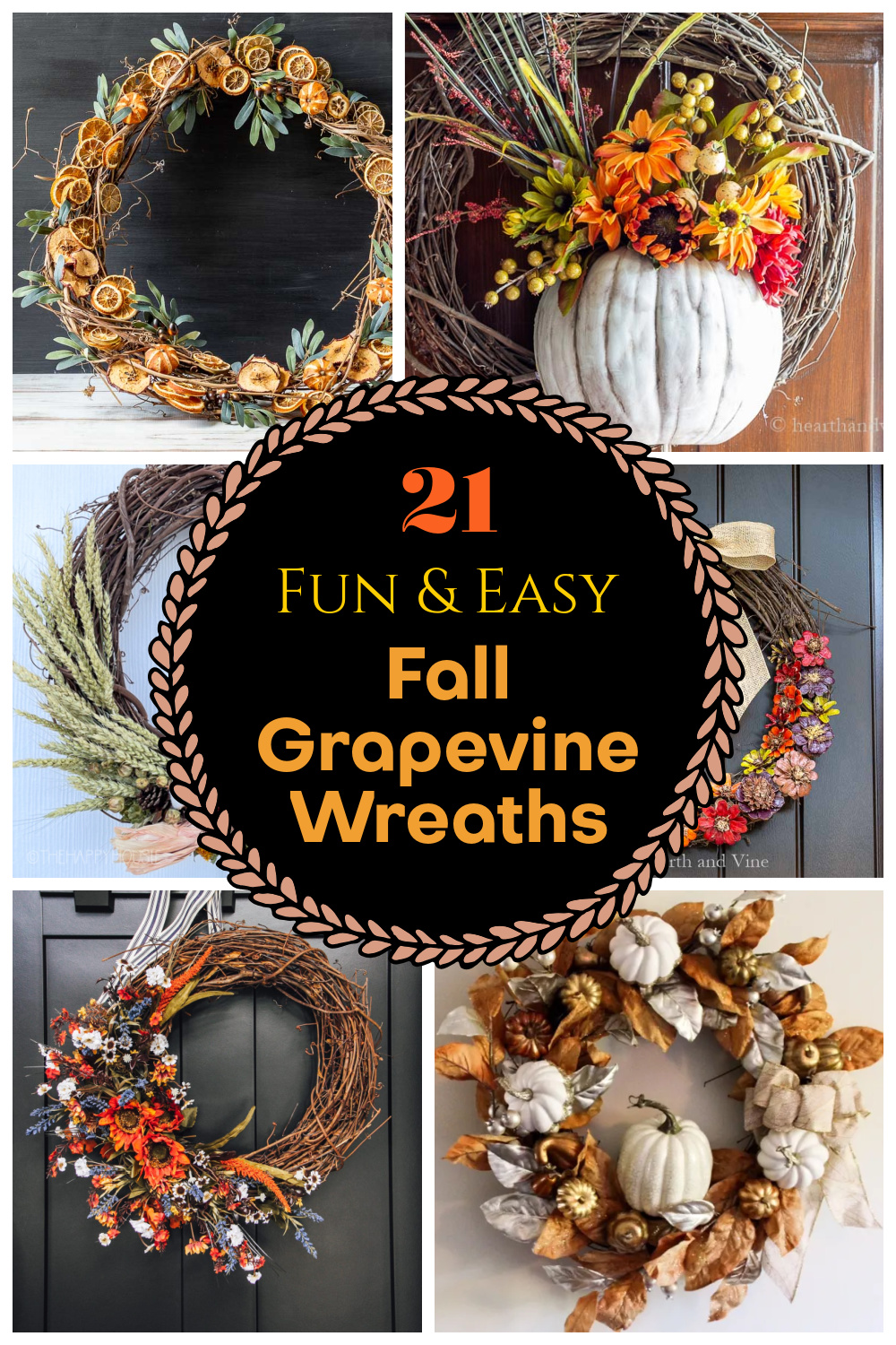 Six fall grapevine based wreaths in a collage.