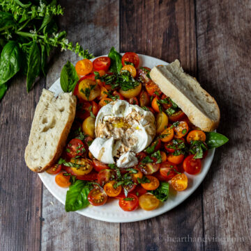 Burrata ball surrounding by cut tomatoes and basil with olive oil and balsamic vinegar drizzle and two slices of baguette bread.