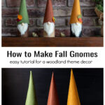 Three fall gnomes on a mantel over partially made gnomes on a table.