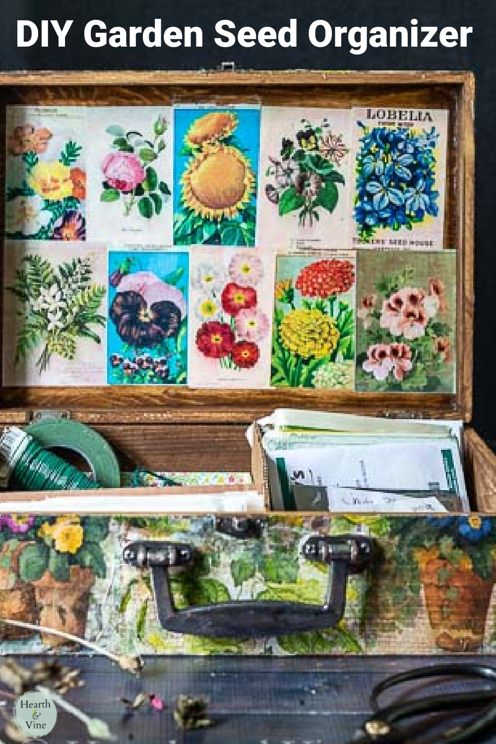 Box covered with garden prints and vintage seed packets. Inside there are garden seeds, bags and floral wire and tape.