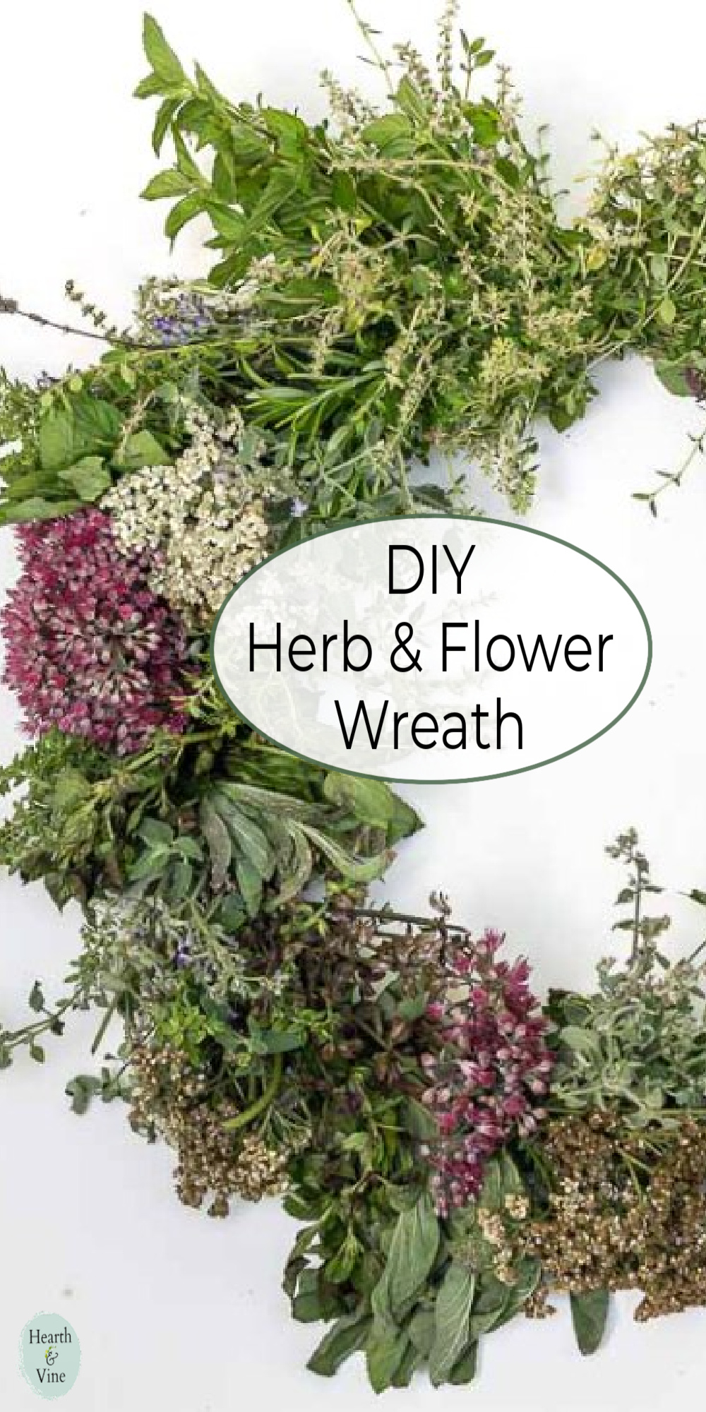 Partial view of a fresh herb and flower wreath.