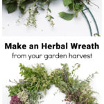 Partially made herbal wreath over the complete herb and flower wreath.
