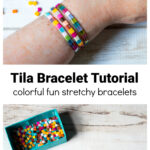 A wrist with three tila bracelets over a box of tila beads and stretch cording with several beads strung on it.
