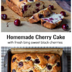 Partially slice cherry loaf cake over an image of the same cake still in the pan.