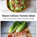 Chopped BLT salad over ingredients including romaine lettuce, cherry tomatoes, bacon and Gorgonzola cheese crumbles.