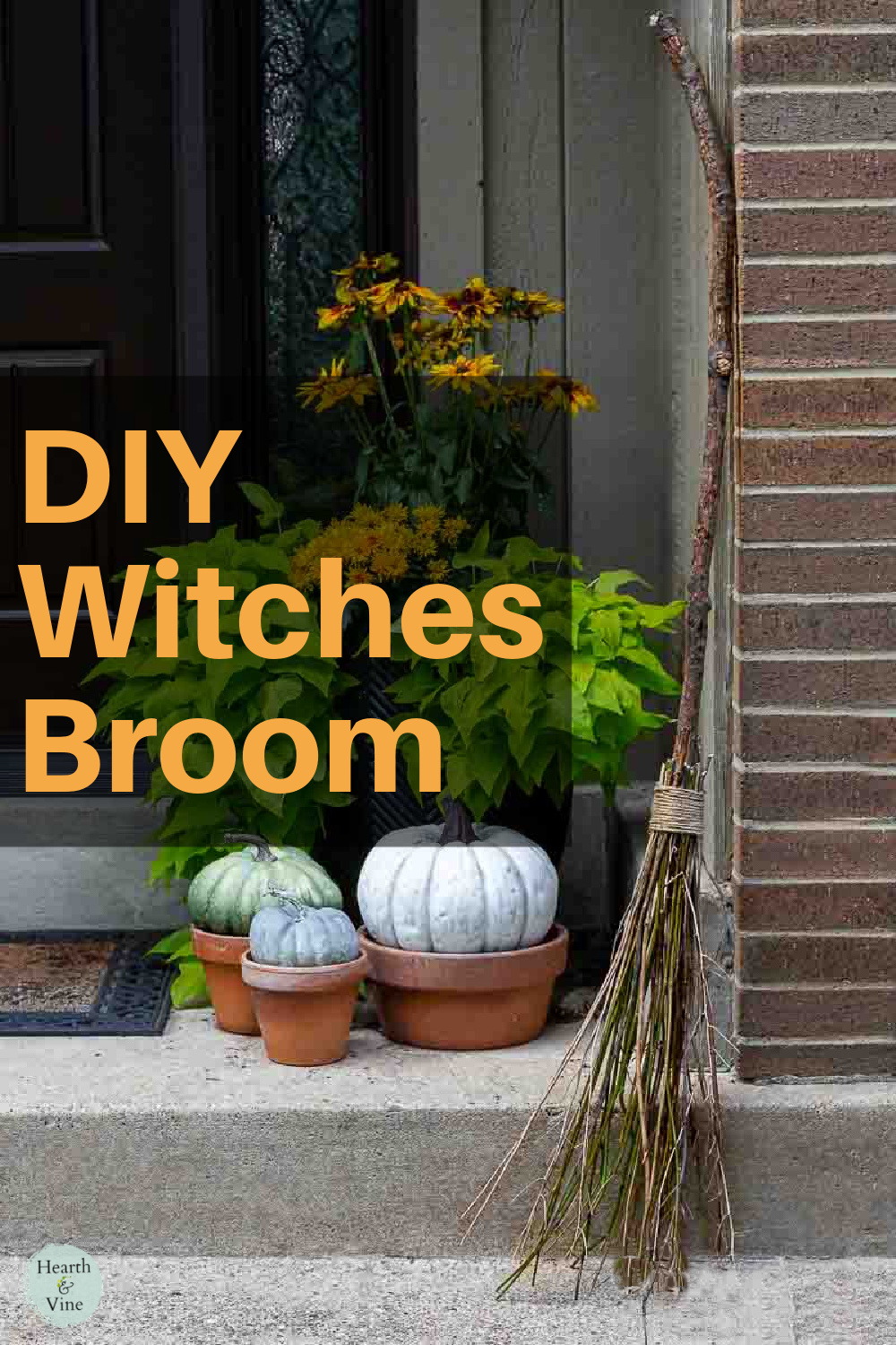 The front porch of a house decorated with fall pumpkins and a handmade witches broom on the side.
