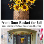 Fall sunflower basket on front door over complete view of fall front porch.