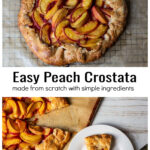 Whole peach crostata over the same crostata with a piece cut out on a plate.