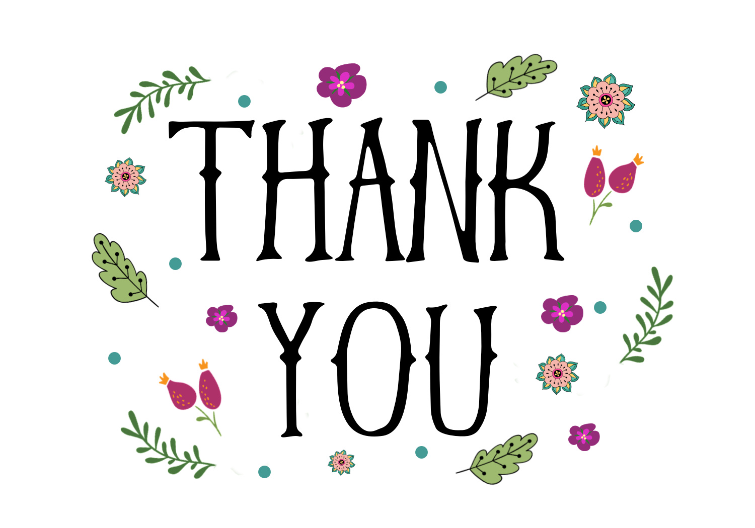 Thank you card design with leaves and colorful flowers.