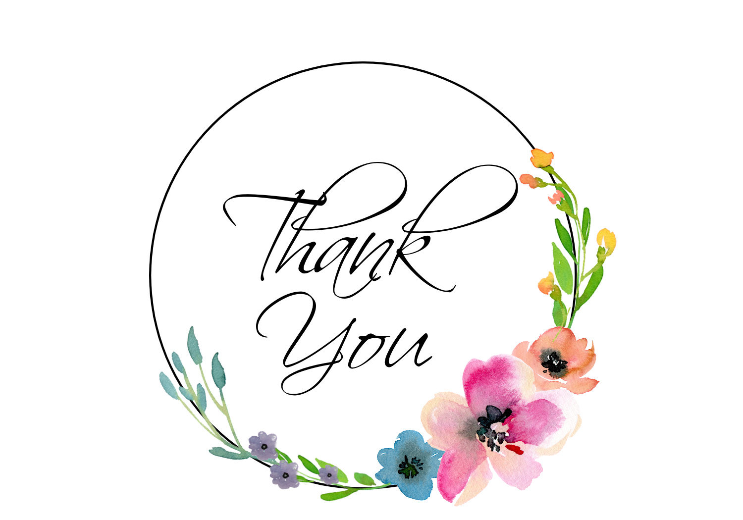 Thank you card in a color floral wreath.
