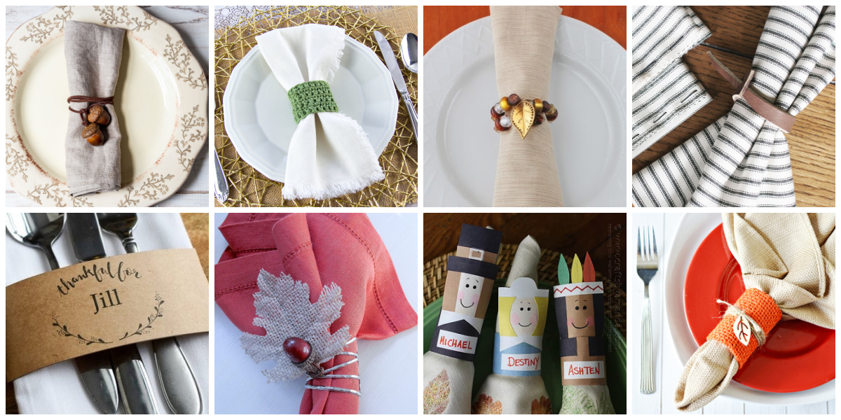 A collage of eight different handmade Thanksgiving napkin rings.