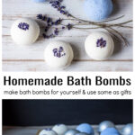 Lavender and blue bath bombs over more of the same with one in a metal mold.