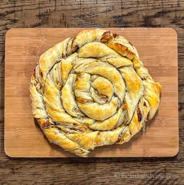 Puff pastry spiral with blue cheese, fig jam and chopped pecans.