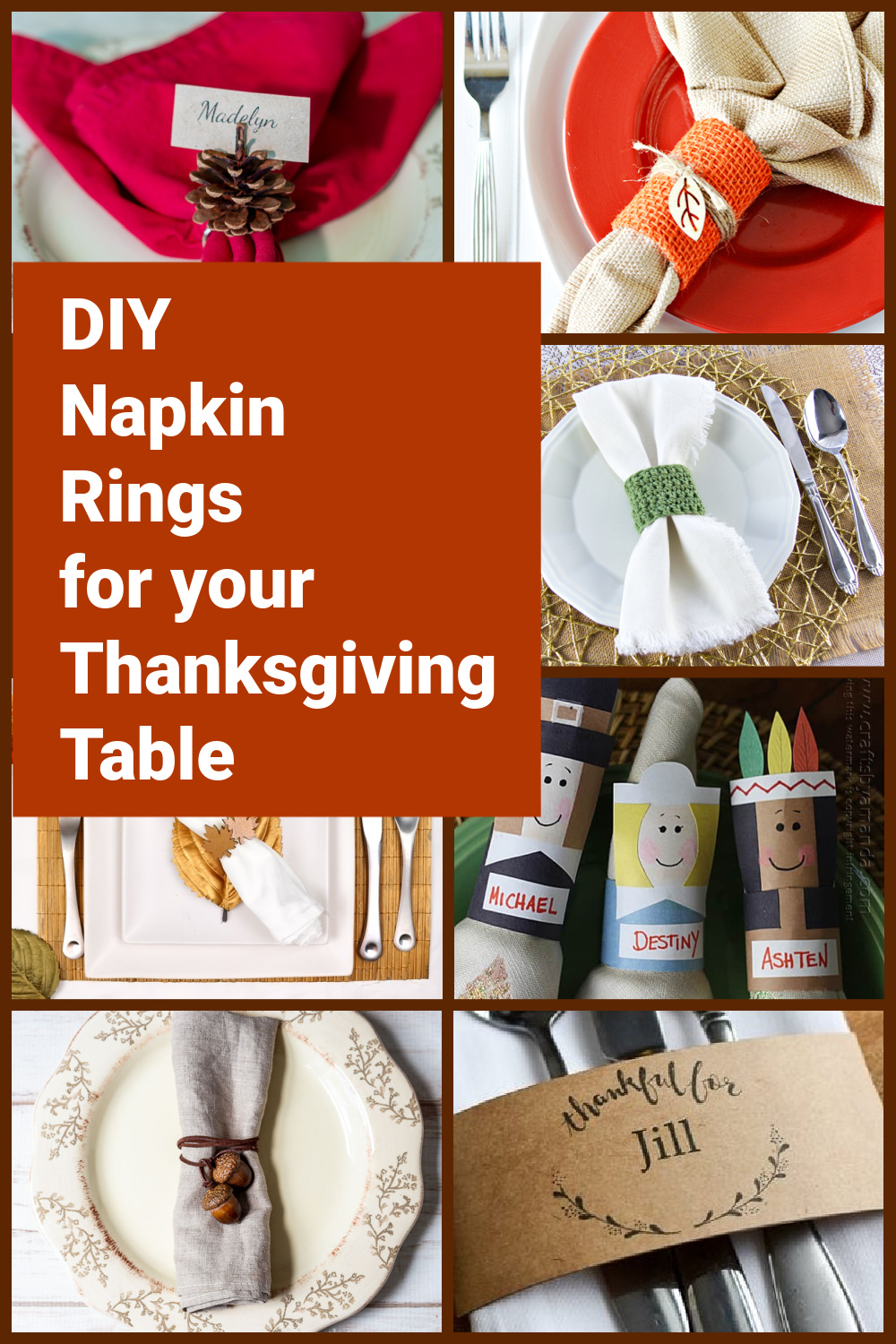 Collage of handmade Thanksgiving napkin rings.