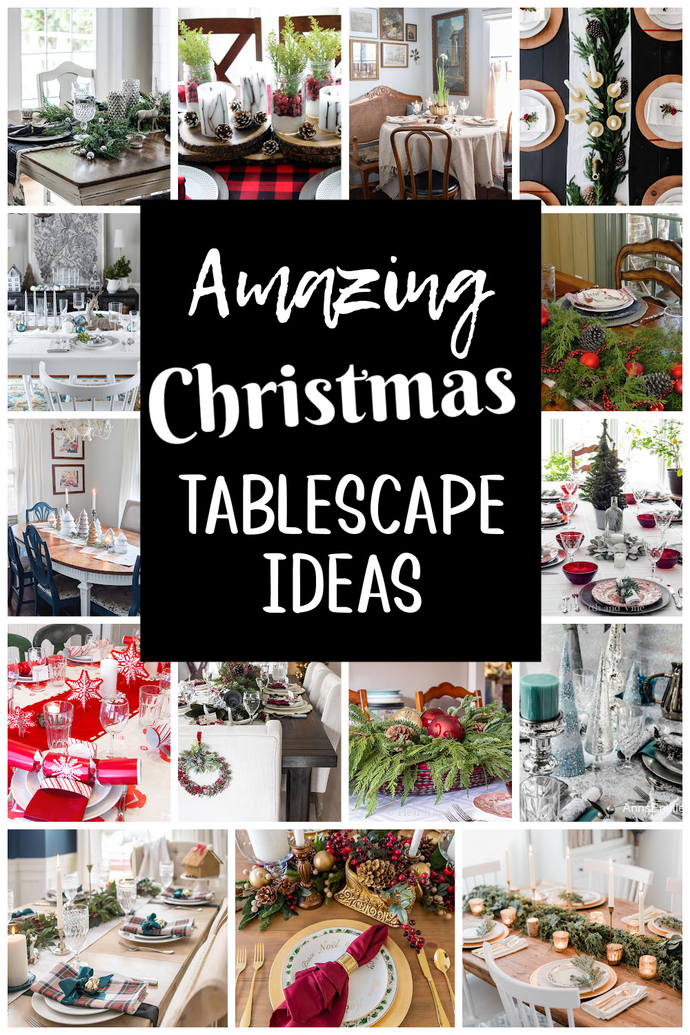 A large collection of Christmas tablescapes in a variety of styles and colors.