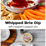 Bowl of whipped brie with raspberry jam on a platter with crackers and carrots over a couple of wheels of triple cream brie.