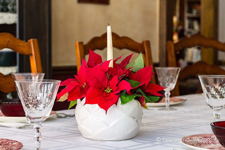Red poinsettia centerpiece with a white taper candle in the center.