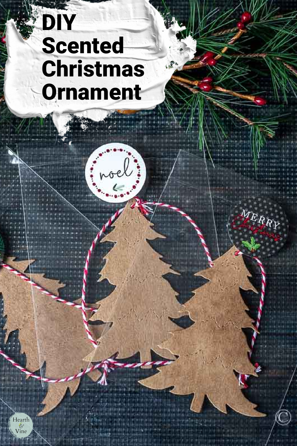 Set of three chipboard tree ornaments in bags with Christmas themed stickers.