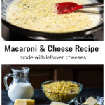 Cheese sauce in a pan on the stove over ingredients including milk blocks of cheese and dry elbow macaroni.