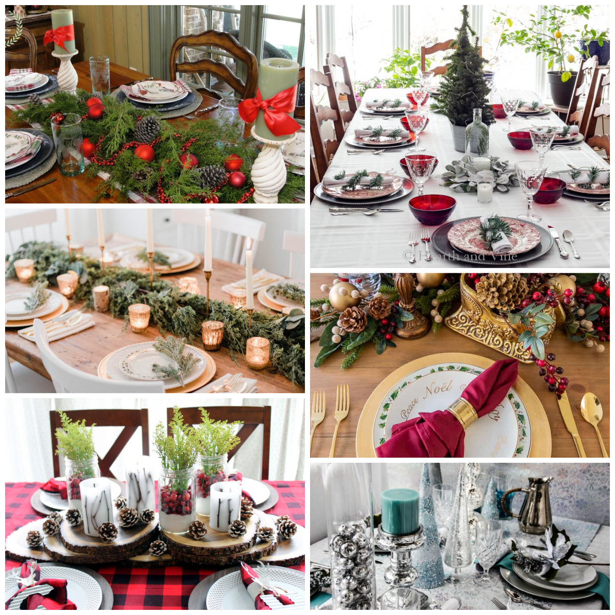 A collage of six Christmas tablescapes from traditional red and green colors to silver and blue.