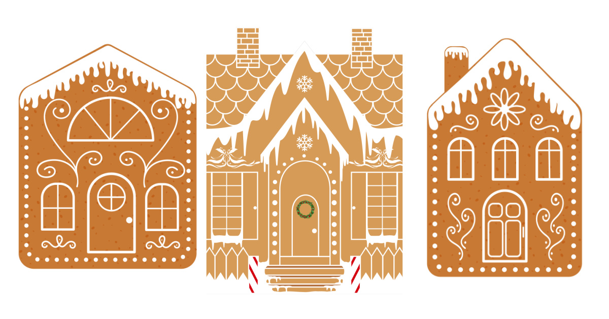 Three images of gingerbread houses drawings.