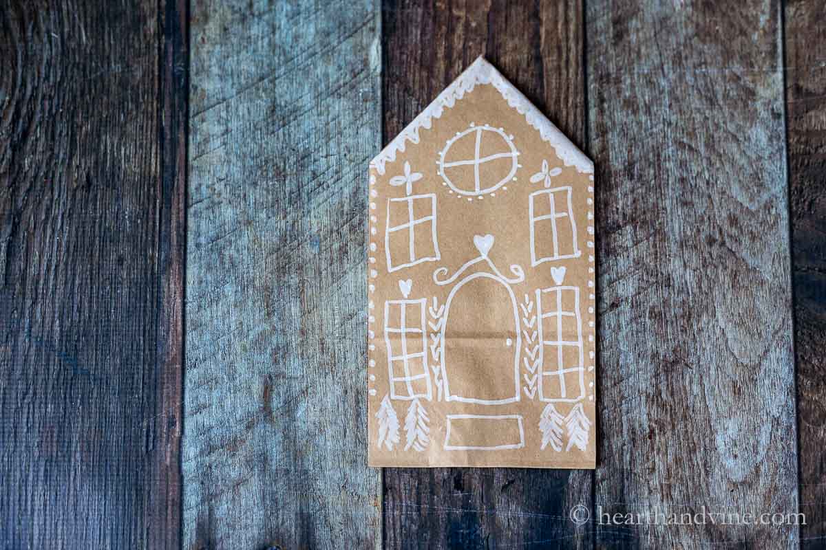 A gingerbread house paper bag.