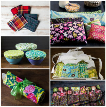 Collage of handmade sewn gifts including sore muscle bags, bowl covers, hand warmers, an apron and a trivet.