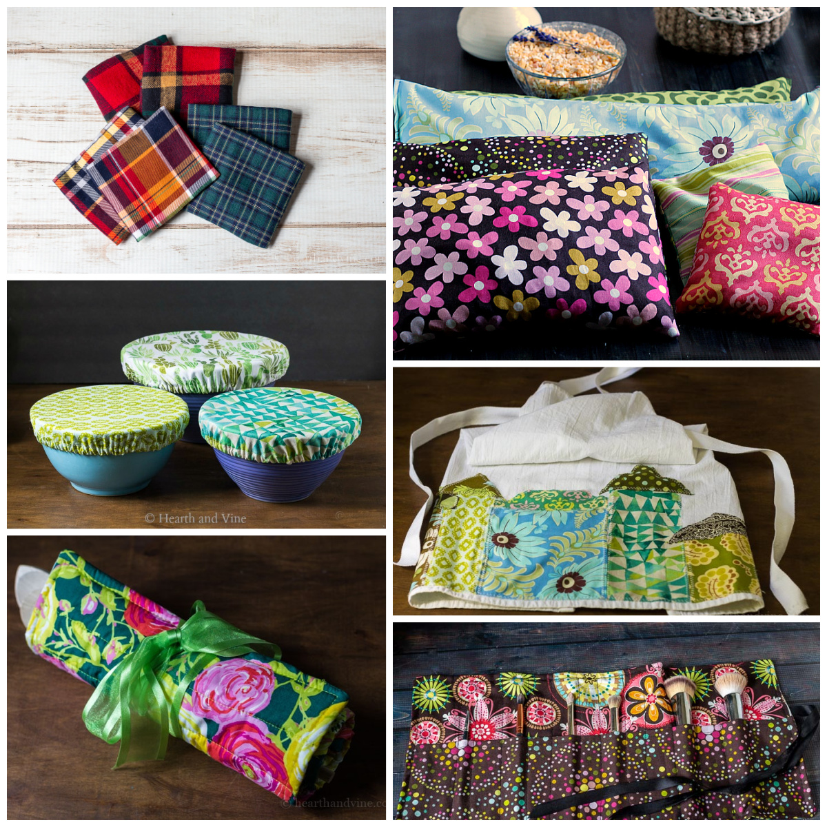 Collage of handmade sewn gifts including sore muscle bags, bowl covers, hand warmers, an apron and a trivet.