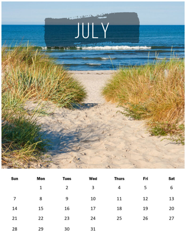 A sandy path to the sea with a calendar for the month of July 2024 below.