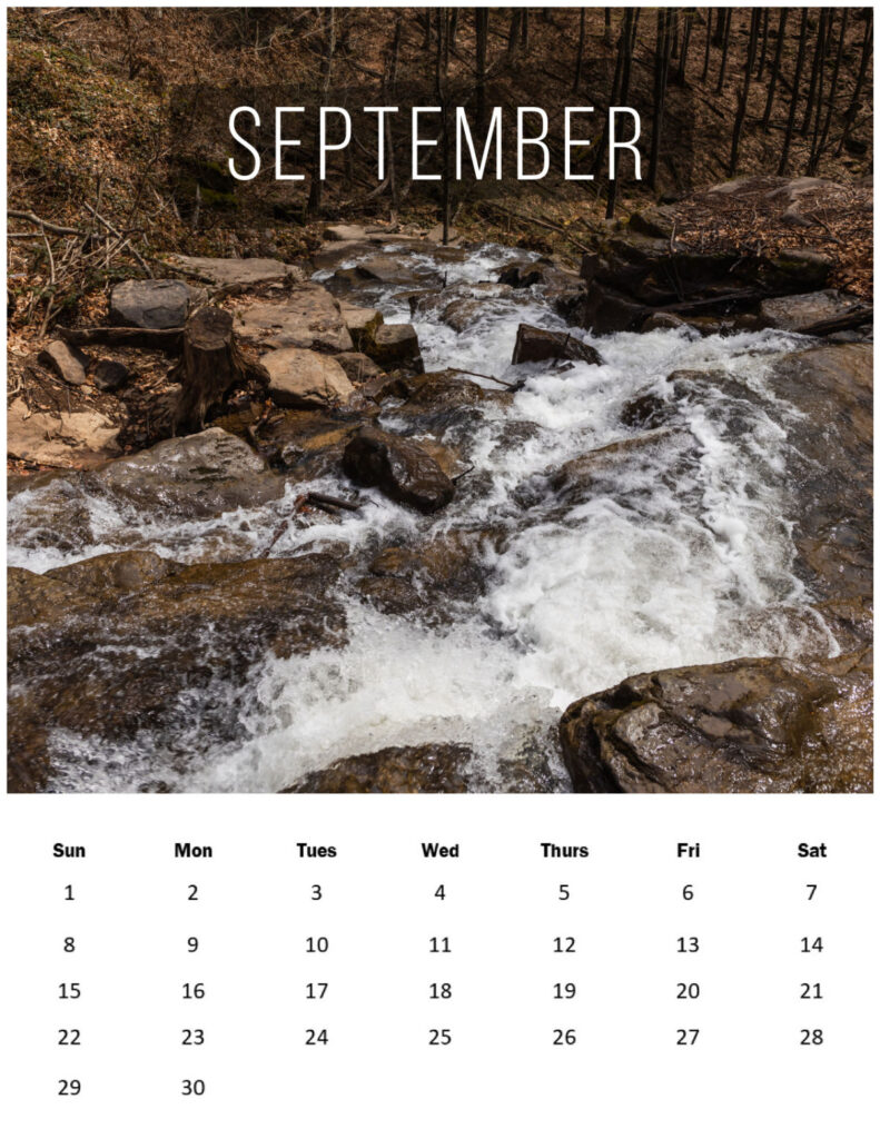 Water rushing over rocks and the month of September 2024 below.