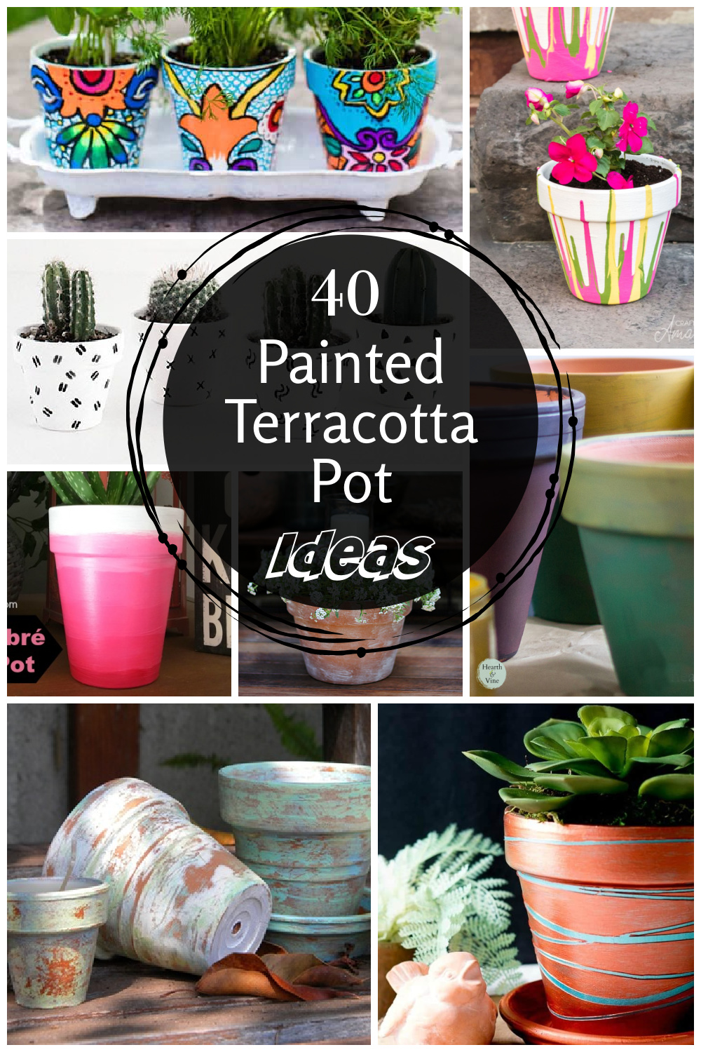 A collage of painted terracotta clay pots.