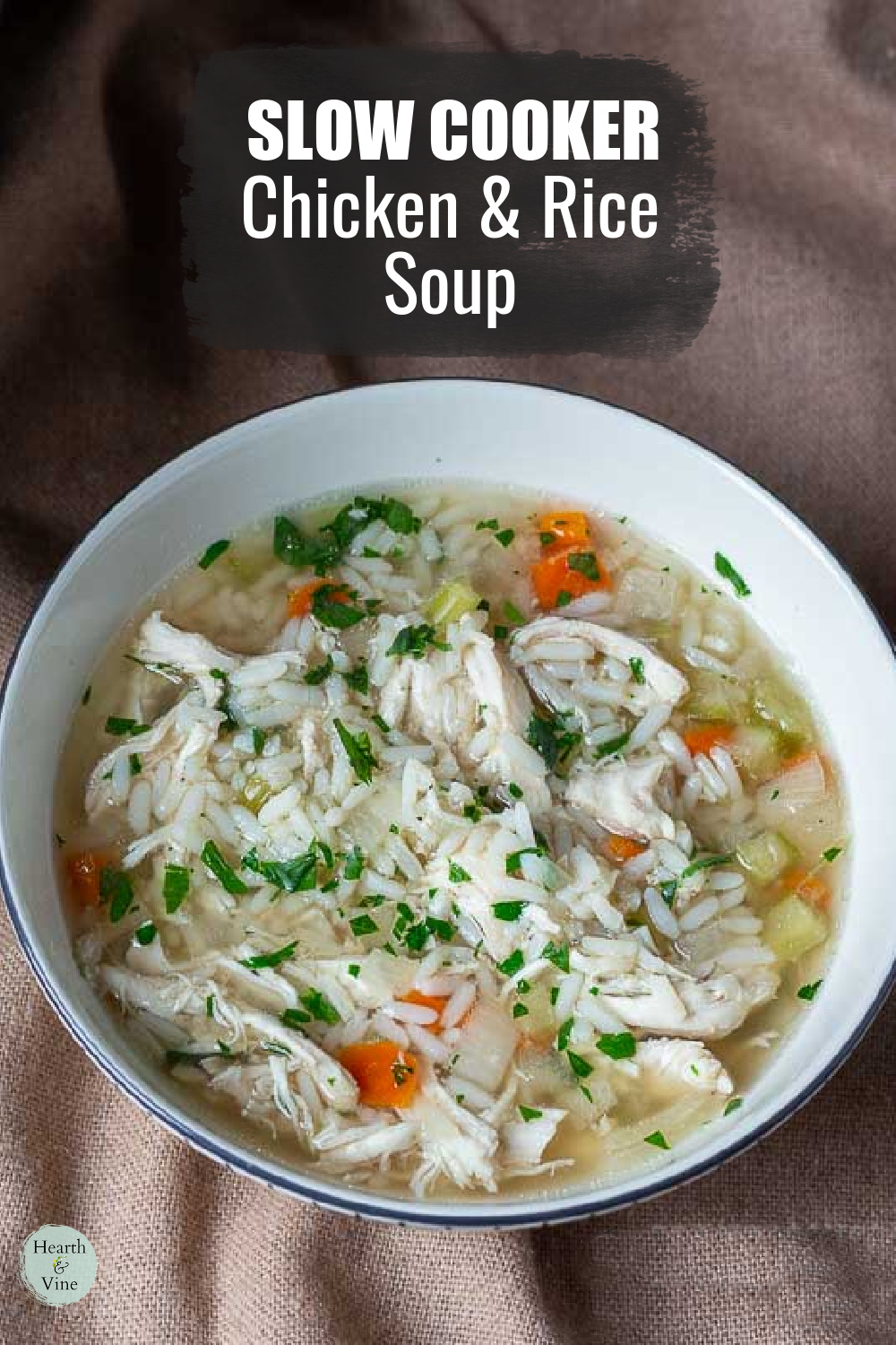 Bowl of chicken and rice soup.