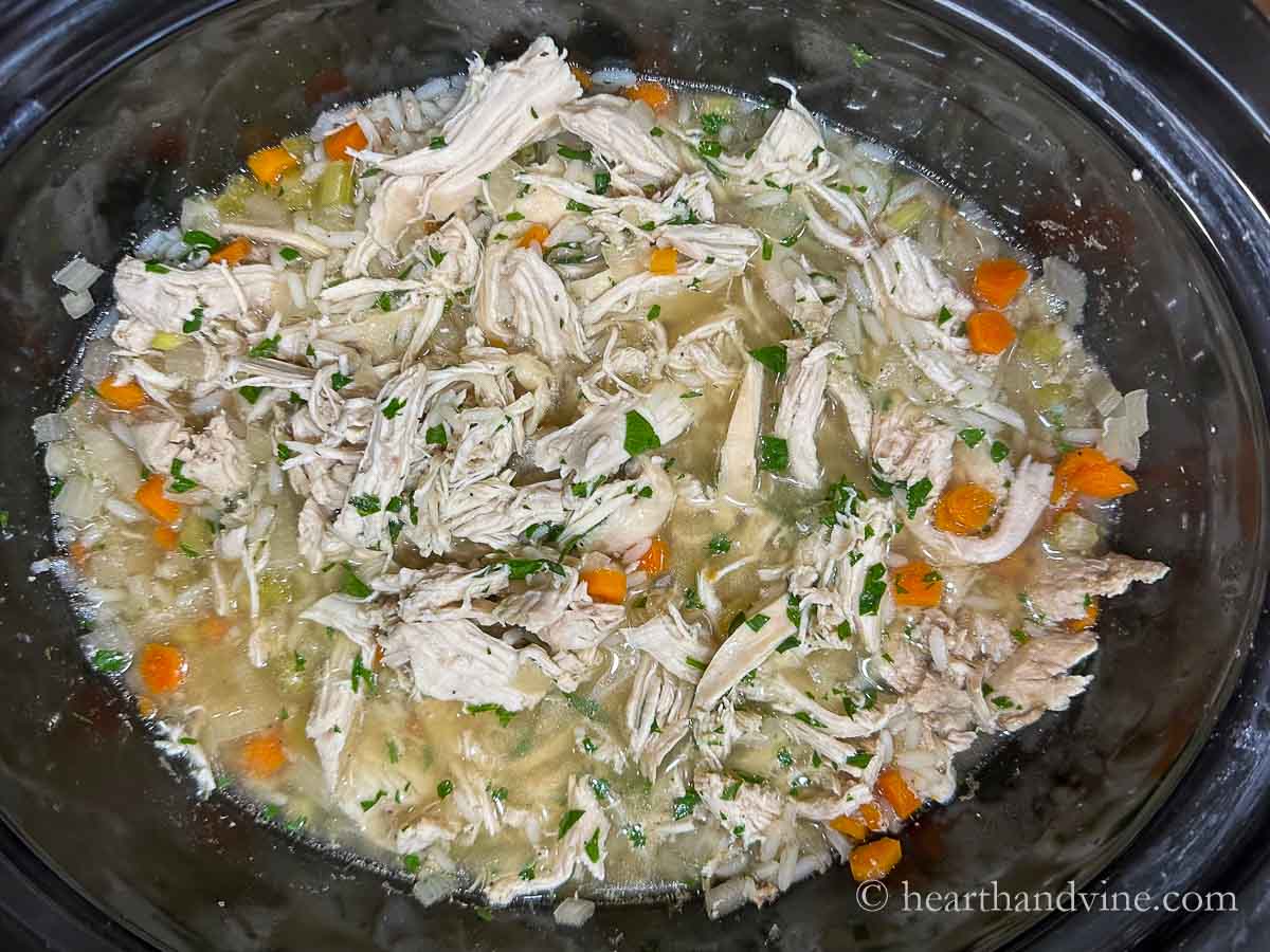 Chicken and rice soup complete in a slow cooker.