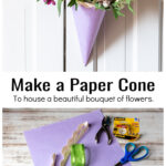 Purple paper cone with lace trim hold a bouquet of flowers over supplies including double faced tape, scissors, ribbons and a hole punch.