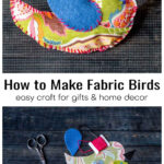 Colorful fabric bird over the supplies to make one including fabric, embroidery thread, scissors, and felt.