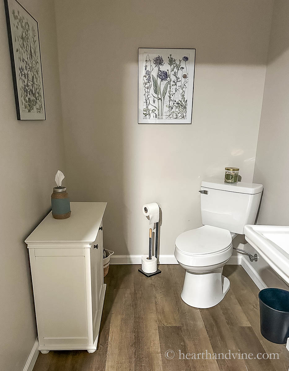 View of small bathroom with botanical prints hung on the walls.