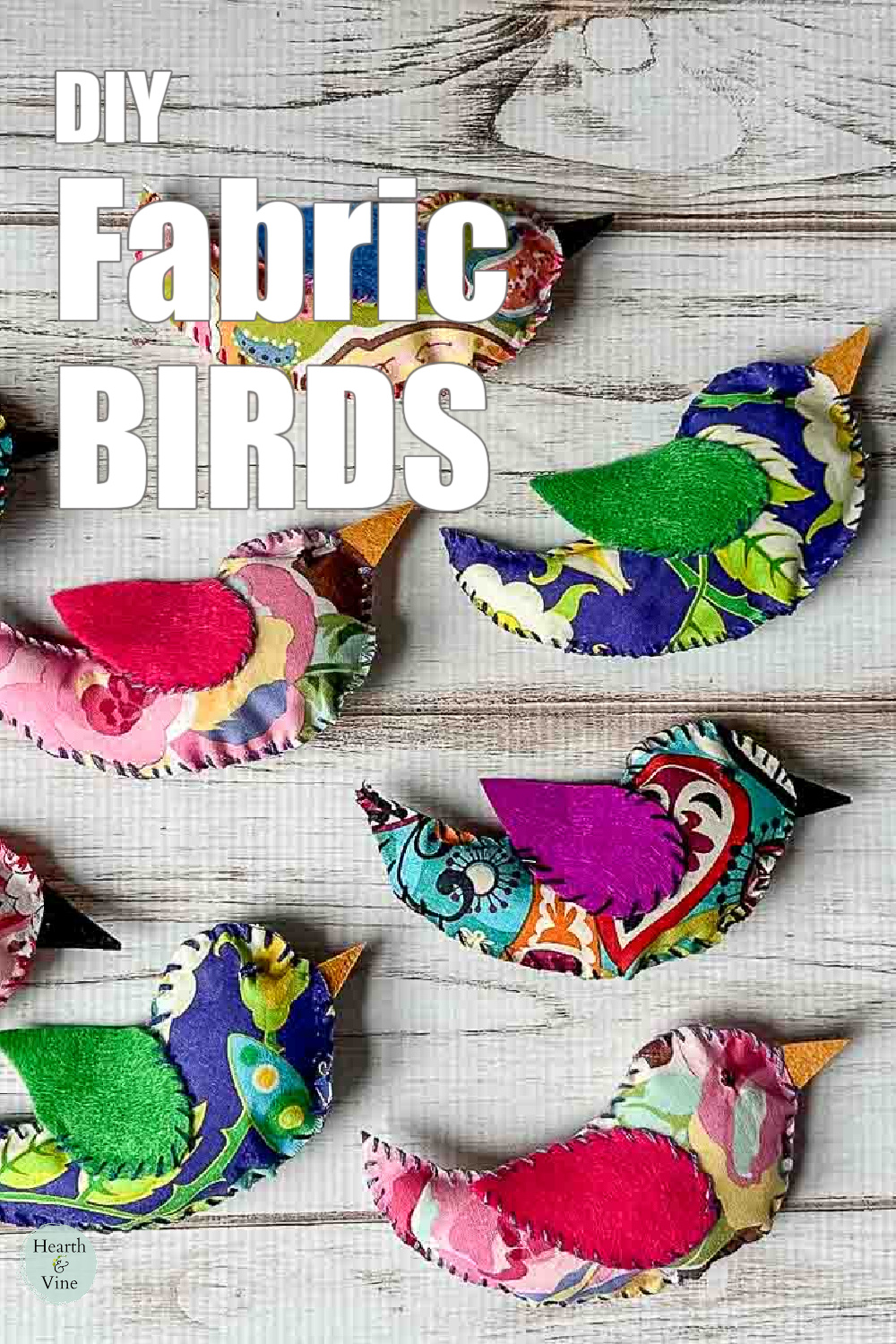 Handsewn fabric birds in colorful variety of fabric.