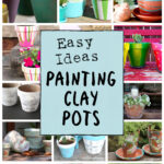 A large collage of decorated clay pots with paints.