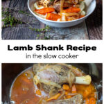 Bowl of lamb shank over an image of the same shanks in a slow cooker.