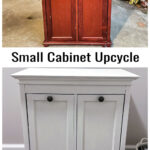Dark wood cabinet with silver pulls over the same cabinet painted white with rubbed bronze pulls.
