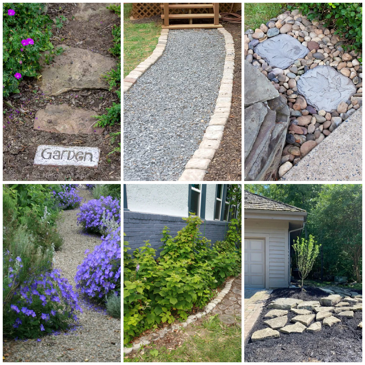 Collage of easy and cheap garden pathways.