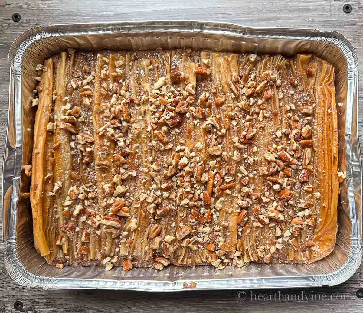 Crinkle cake topped with pecans.