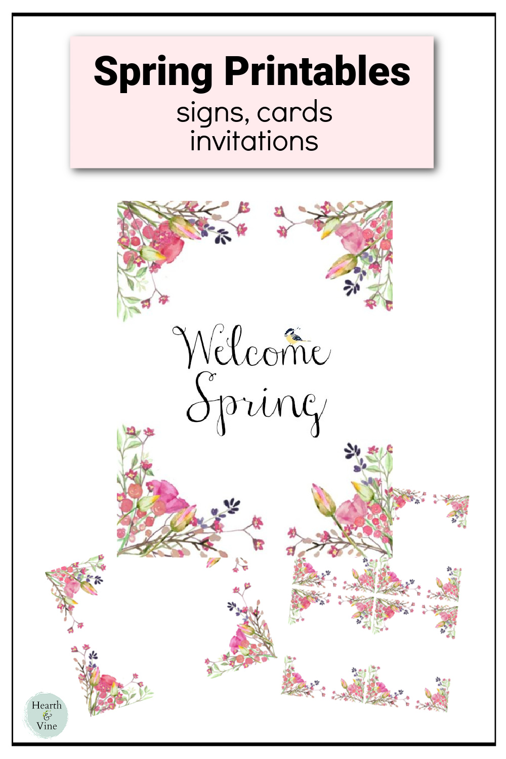 Spring floral prints including "welcome spring" and a few floral frames.