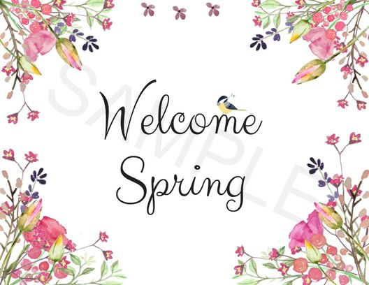 Lanscape welcome spring sign with colorful floral frame.