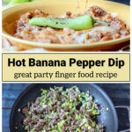 Banana pepper dip over a large skillet with sausage, peppers and onions.