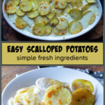 Casserole dish of scalloped potatoes over a single serving.