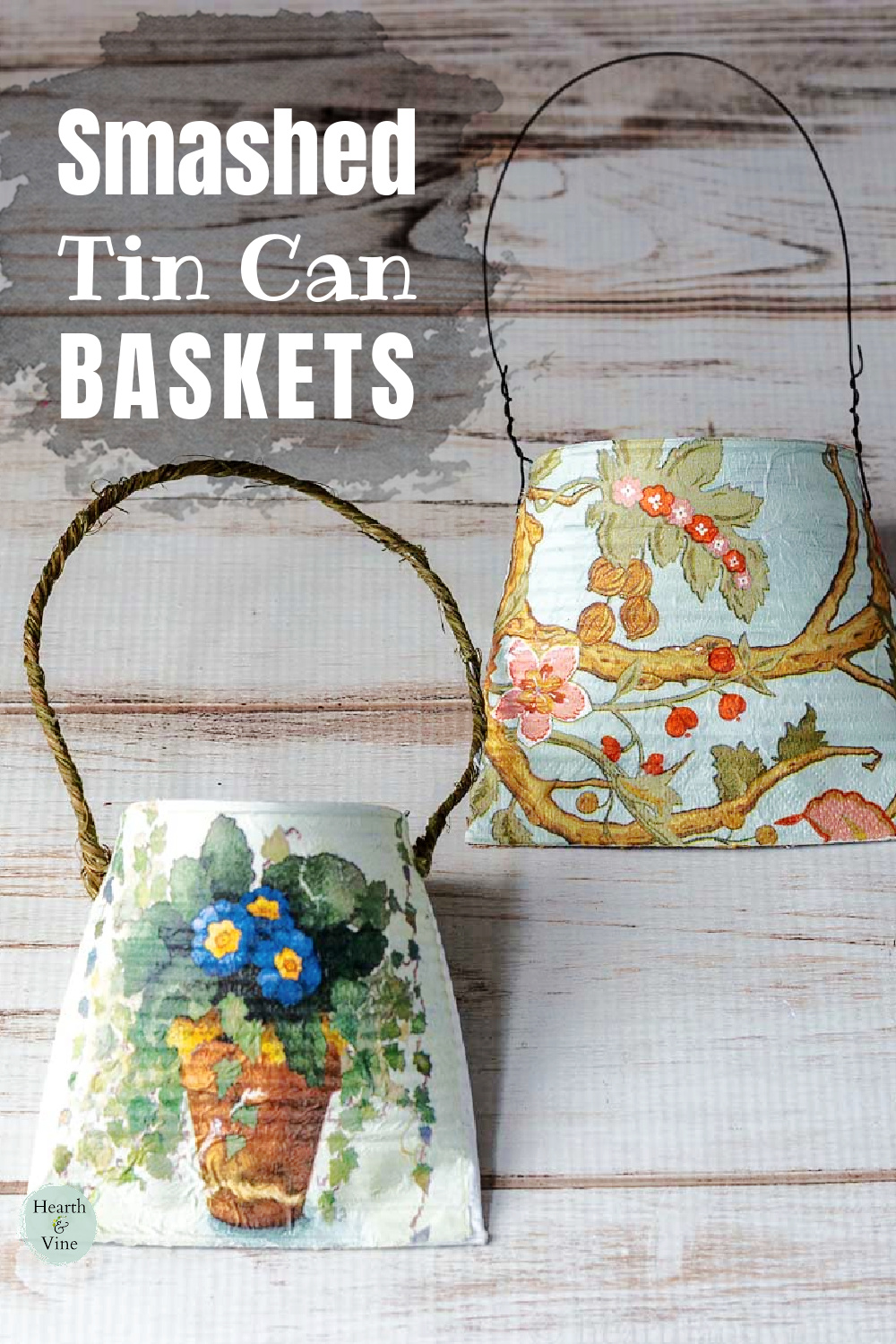 Two smashed can baskets in two floral napkin designs.